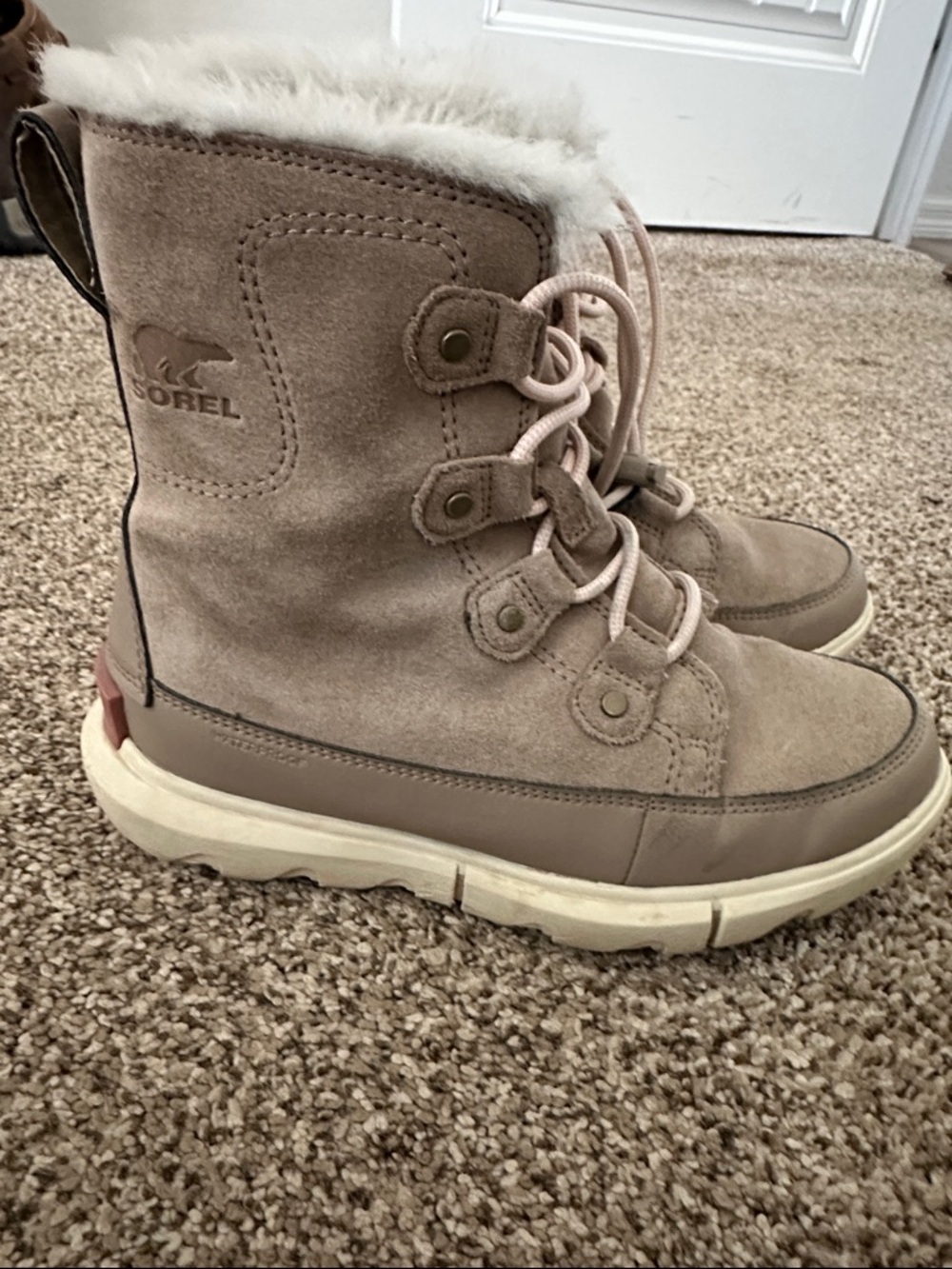 Sorel Kids Suede Lace-Up Winter Boots in Light Taupe and Cream